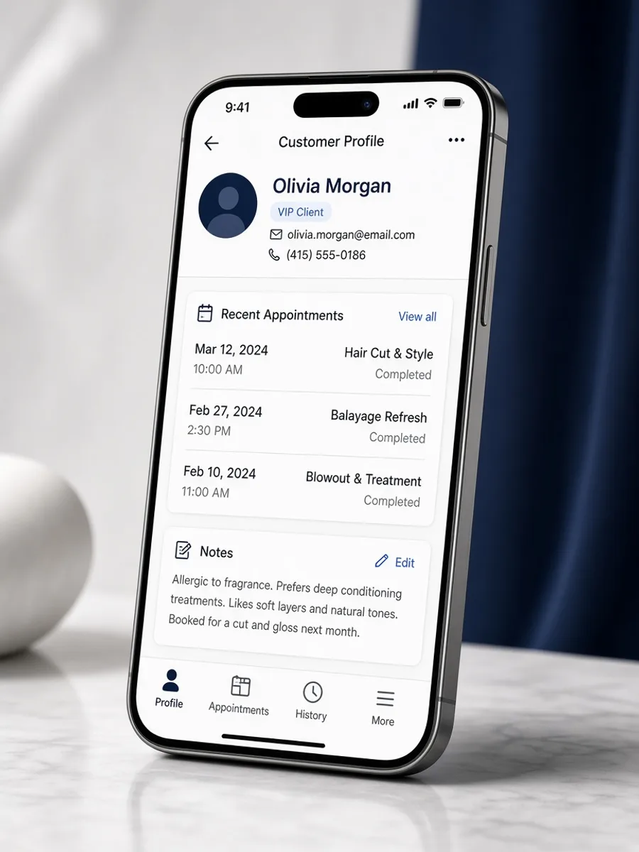 KELFIX customer profile with appointments and notes