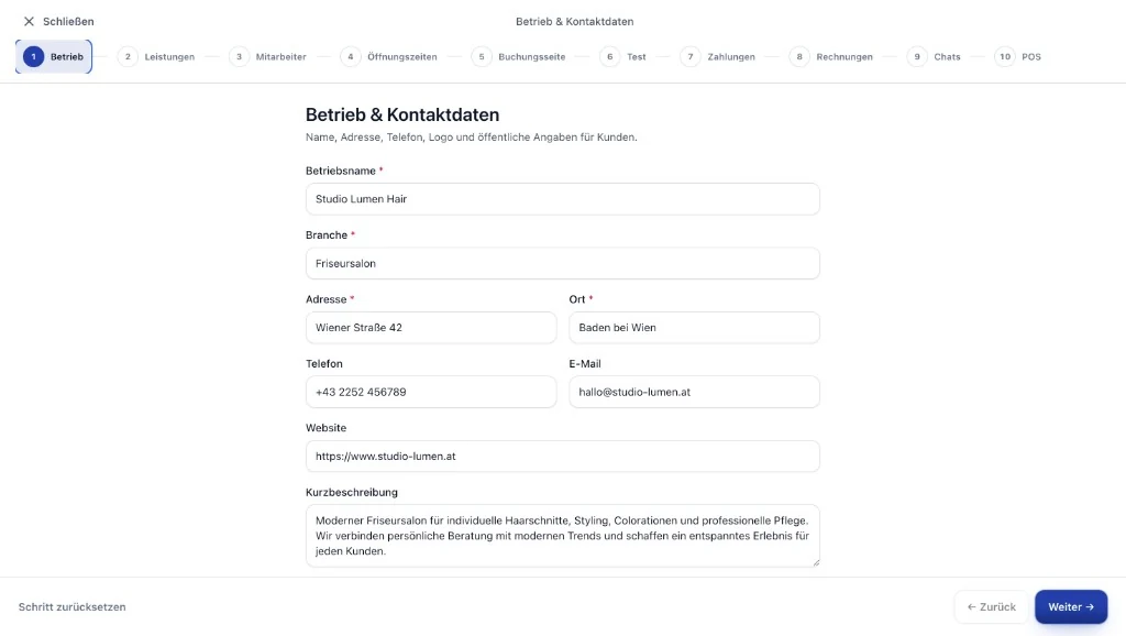 Kelfix Einrichtung Schritt 1: Betrieb und Kontaktdaten eingeben.