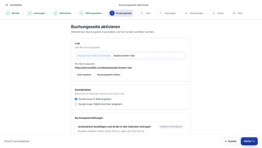 Kelfix Einrichtung Schritt 5: Buchungsseite aktivieren und Link teilen.