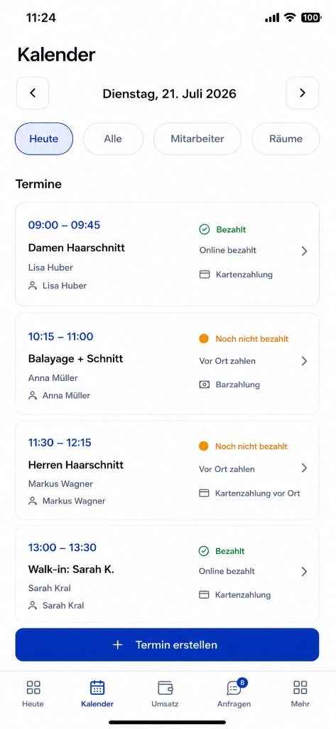 Kalenderübersicht mit Terminen, Zahlungsstatus und Filteroptionen.